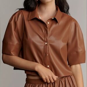 NWT Maeve Brown Faux Leather Button Down Shirt